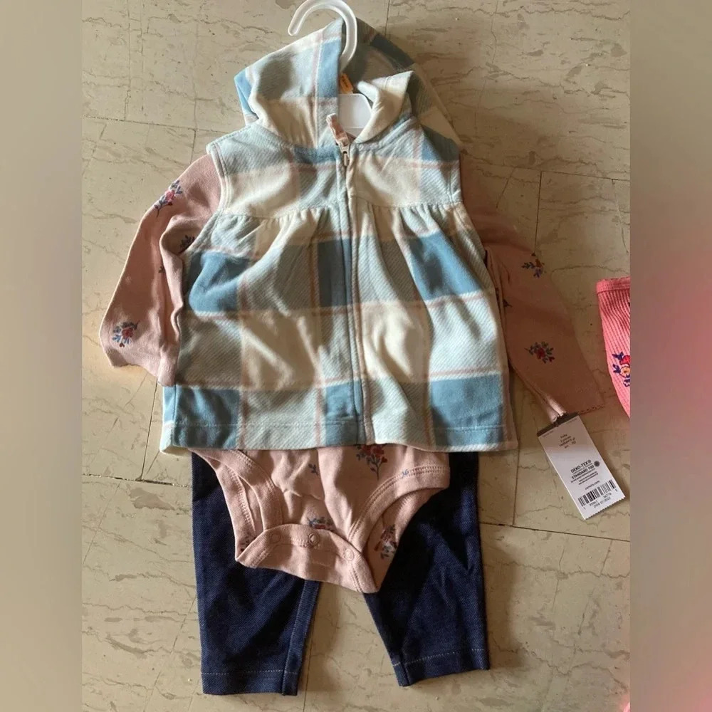NEW NWT Baby Girl CARTER’s 3 Piece Vest L/s Shirt Jegging Jeans Outfit Sz 6m Set